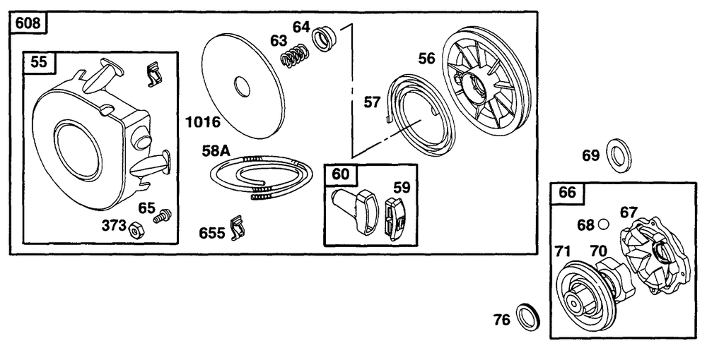 Rewind Starter Diagram and Parts List for 252707-0135-XX  Briggs and Stratton Engine